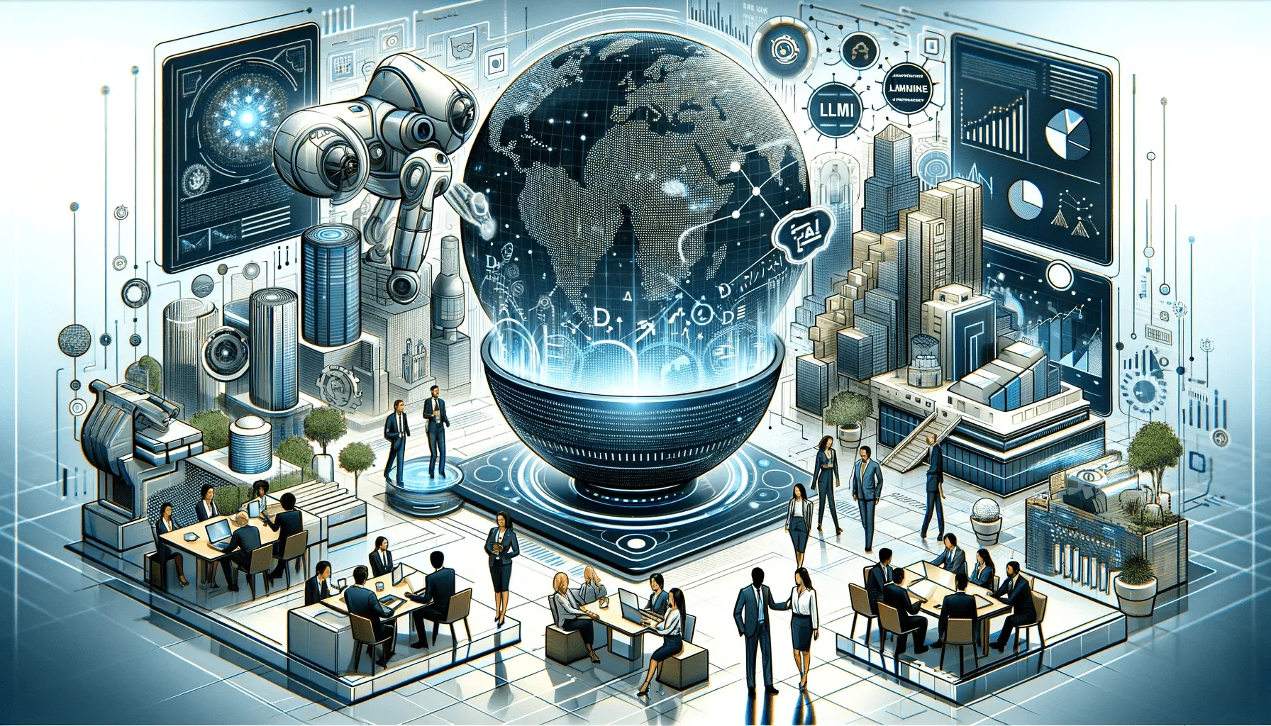 Illustration som visar den transformativa effekten av stora språkmodeller (LLM) i en affärsmiljö.